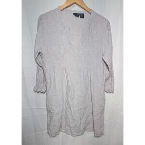 Tahari Linen Pintuck Mini Dress Tunic Long Sleeve Split Neck Pocket Grey L